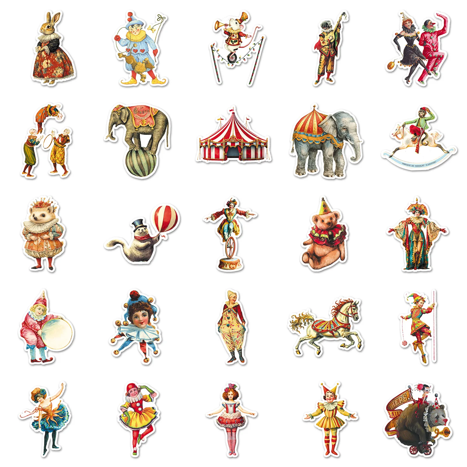 50Pcs 귀여운 서커스 시리즈 스티커 코끼리 광대 데칼 노트북 스크랩북 수하물 기타 헬멧 DIY 낙서 미적 스티커