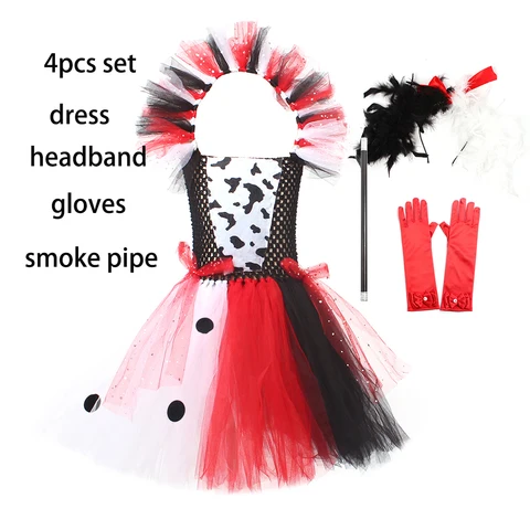 Cruella Inspired Tutu Dress for Grils Evil Villain Halloween Costume Dalmatians Dog Black White Kids Fancy Cosplay Dress