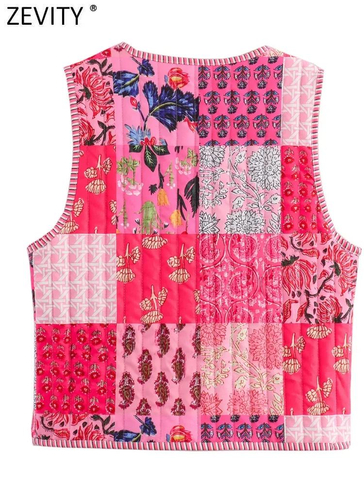 Zevity Women Vintage V Neck Patchwork Floral Print Quilted Cotton Vest Jacket Ladies Retro Lace Up Slim WaistCoat Tops CT6267 5