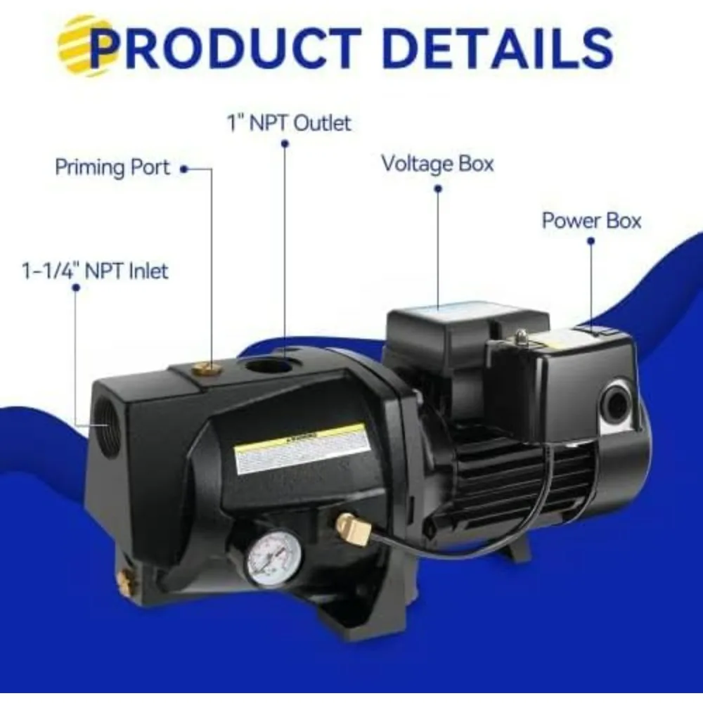 1HP Cast Iron Shallow Well Jet Pump with Automatic Pressure Switch, Suitable for Wells Up to 25 Feet, Dual Voltage 115V/230V