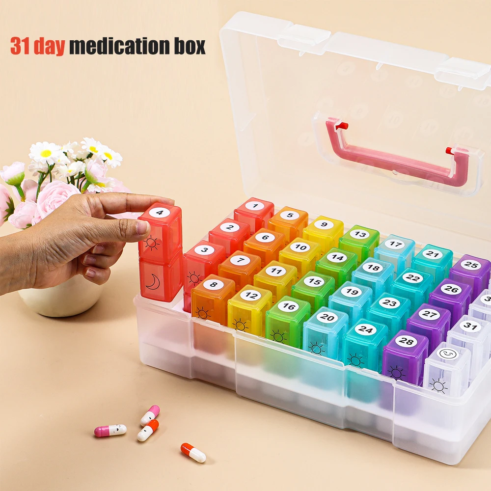 Monthly Pill Organizer with 32 Daily Compartments and Travel Case for Vitamins and Supplements