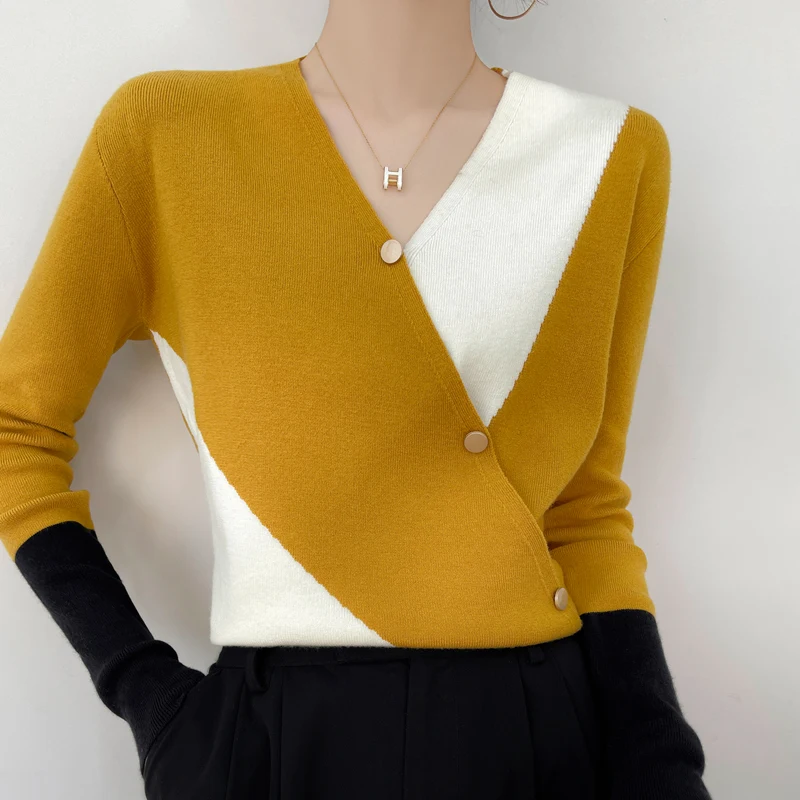 

Spliced V-neck Vool Sweater 2023 Women's New Sweater Base Thin Top