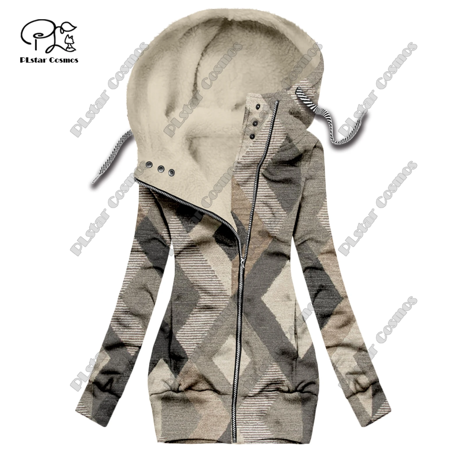 New 3D printing retro series carpet print pattern plus velvet warm women's long zipper hoodie jacket commuting casual winter F-9
