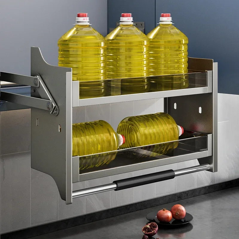 Kitchen Lift Basket, Modular Kitchen, Double Layered Storage Shelves with Upper and Lower Buffering, Multiple Sizes, Gun Gray