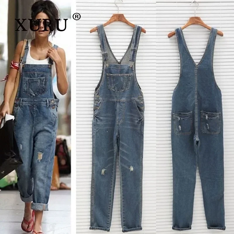 XURU - European and American New Loose Hole Jeans Women's Wear, Double Shoulder Denim Jumpsuit with Straps K7-1988 half denim overall shorts women 2023 summer new korean style large size straps loose thin wide leg jumpsuit rompers fashion