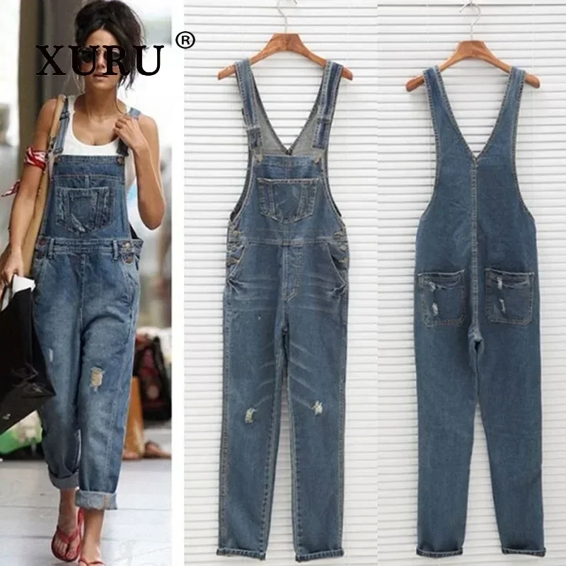 

XURU-Women's Loose Hole Jeans, Women's Wear, Double Shoulder Denim Jumpsuit with Straps, European and American, K7-1988