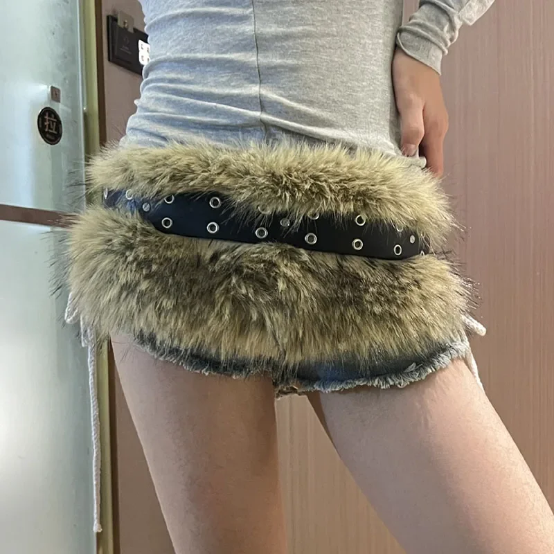 Vintage Y2K Faux Fur Punk Waistband with Metal Bead Chain