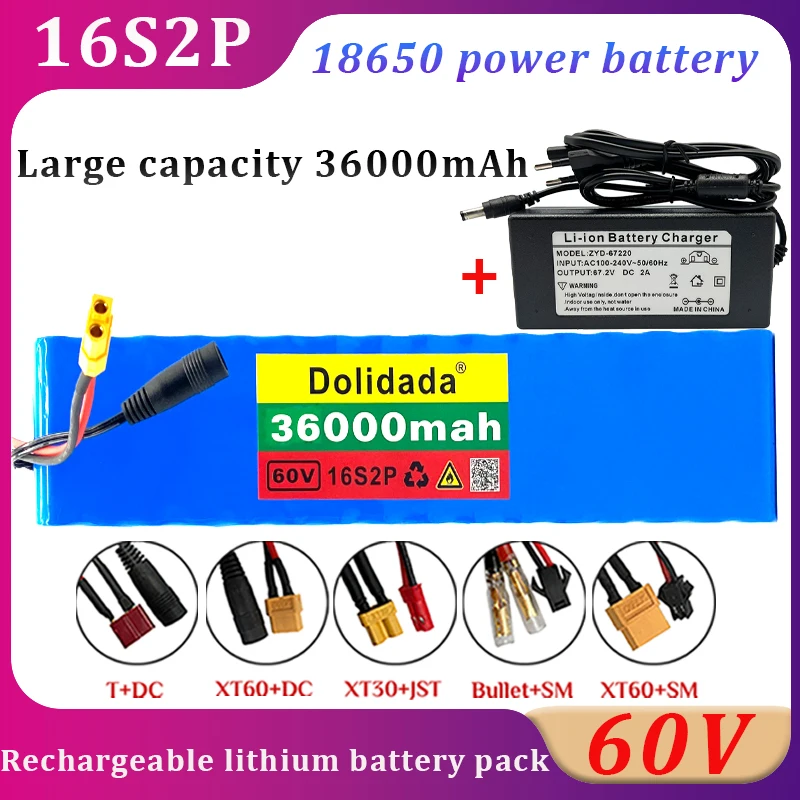 

New 60V 16S2P 18650 Lithium Battery Pack 36000mAh Rechargeable Battery for Electric Bicycle Scooter BMS 1000W with 67.2V Charger