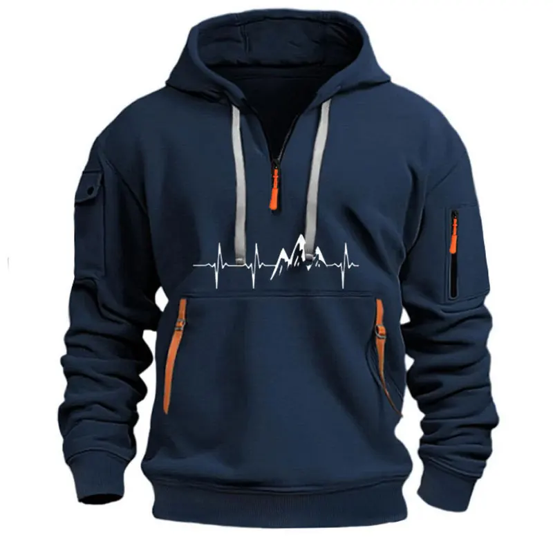 Men's Mountain Heartbeat Print Hoodies Sweatshirt Spring Autumn Long Sleeve Hooded Sweatshirt Black Gray Hoodie Sportswear