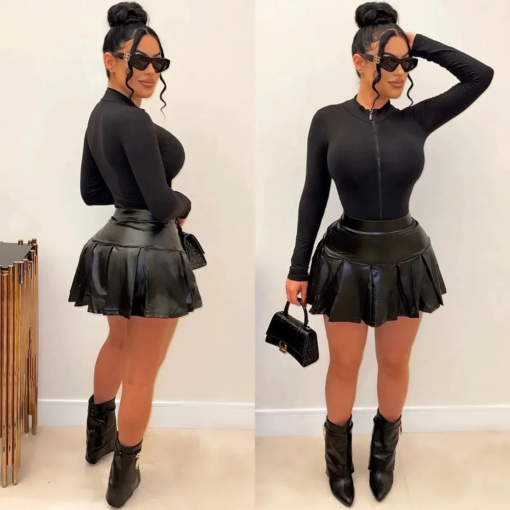 Leather Pleat Dress 2 Piece Skirt Sets 2023 Sexy Y2K Pleated Club Tennis Dress Elegant Blouses Crop Tops Two Piece Sets Outfit