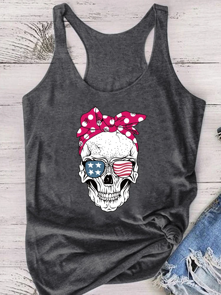 Seeyoushy-Camiseta sin mangas con estampado de calavera y gafas de sol para Mujer, chaleco gráfico, Tops de moda para adolescentes, Camiseta informal