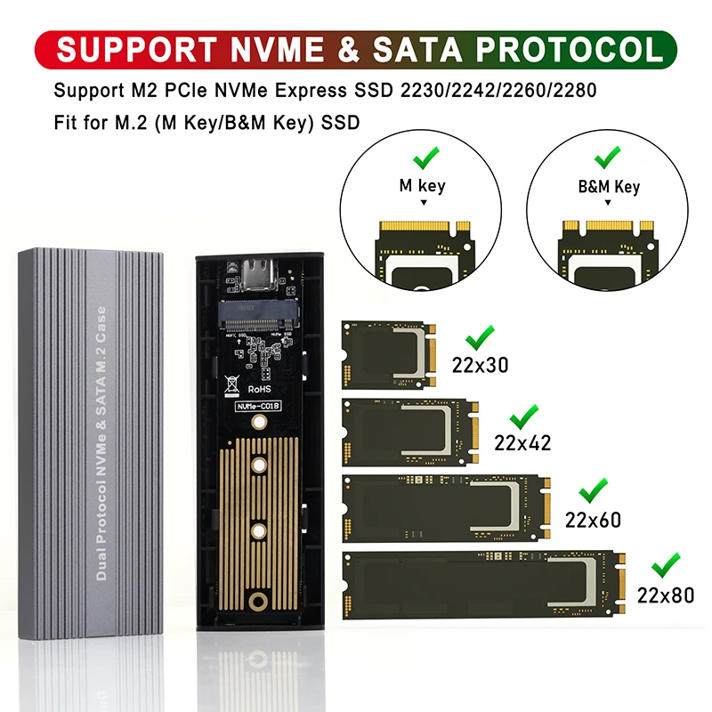 M.2 NVME SATA SSD ̽ Ŭ,   JMS581D Ĩ, 10Gbps USB 3.2 GEN2 Ÿ C  M2 SSD ڽ, M / B + M Ű  