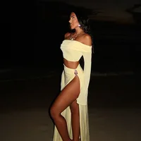 Women's Solid Beach Skirt Sets Sexy High Split Slim Bohemian Outfits Off The Shoulder Holiday Fashion 2 Piece Set 2025 Beachwear - Image 2