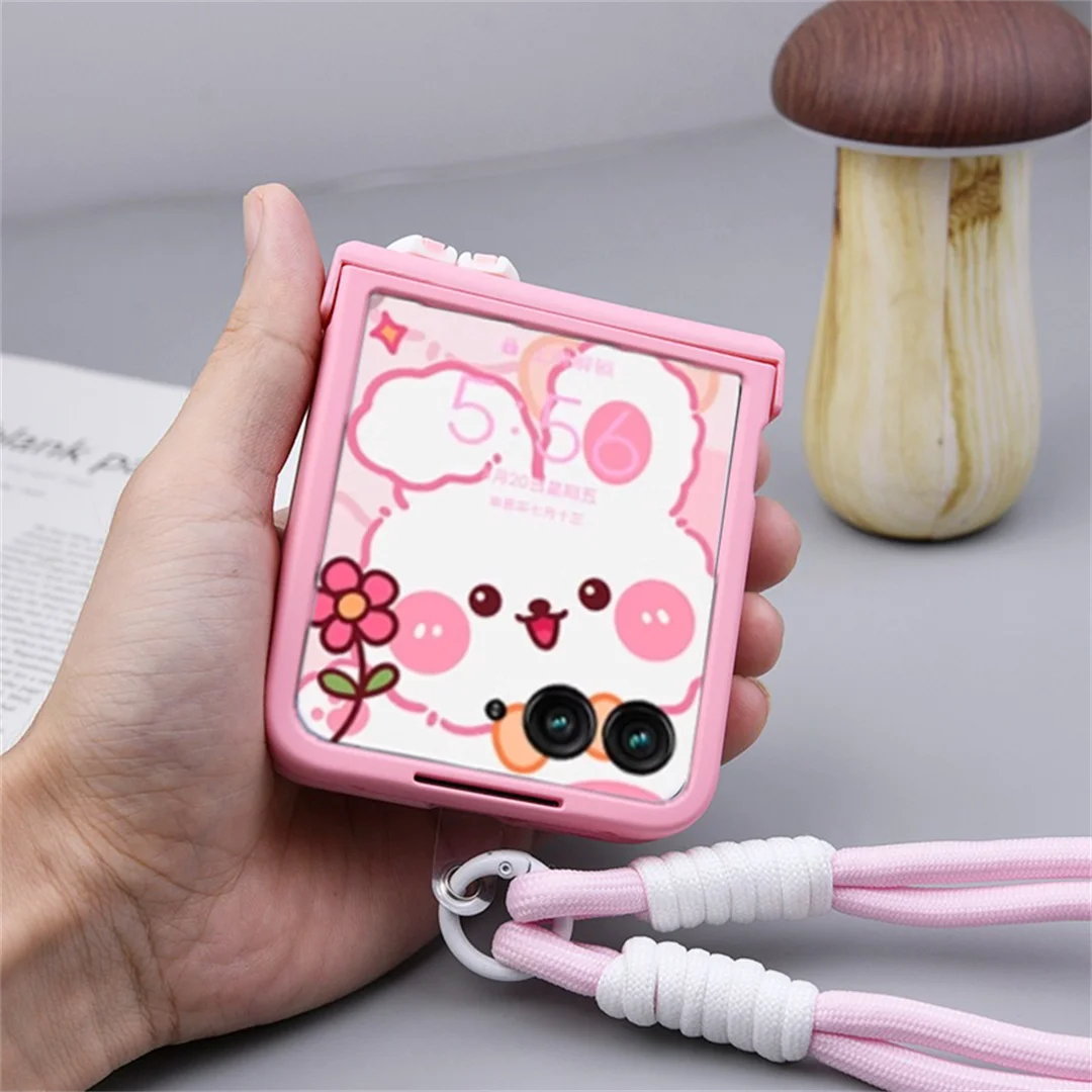 Cute Korean Pink Rabbit Ear Portable Rope Phone Case - Shockproof Cover