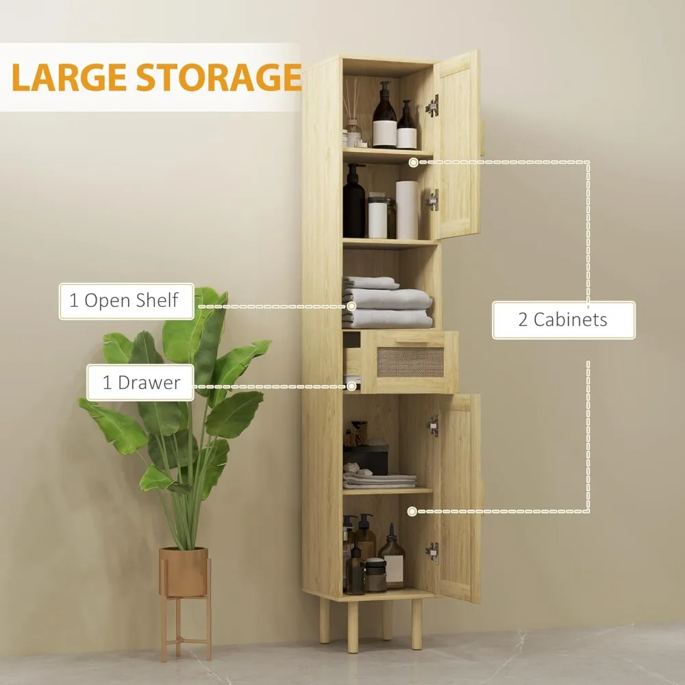 Tall Bathroom Storage Cabinet with Wicker Doors & Open Shelves 6
