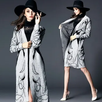 Elegant Winter Women Long Sweater Coat Warm 2023 Figure Print Cardigans For Female Fashion Loose Knitted Sweater Women's Clothes