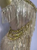 Shiny Gold Rhinestones Sequined Fringe Wide-leg jumpsuit 2025 Women Sexy Night Party Club Outfit Singer Stage Perform Costume - Image 6