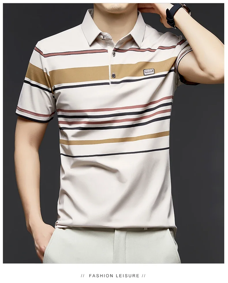 BROWON Brand 2025 Summer Shorts Polo Shirt Men Tshirt Luxury Wide Striped Lapel Collared Polo Shirt for Work Business Men 23 S1c0230c6eac94bdc8d76aec9f4e57933S