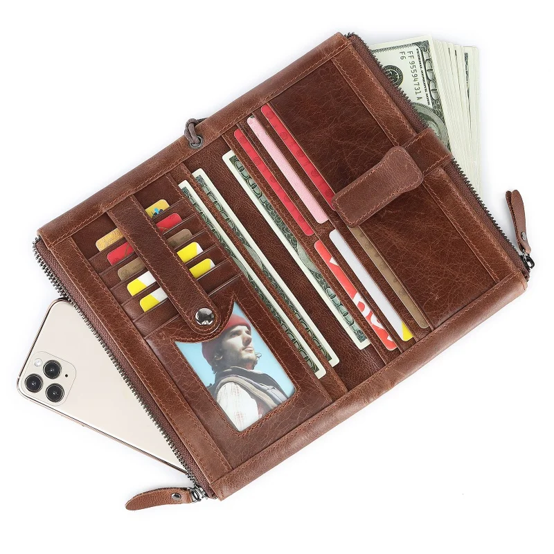 Men's Long Handbag Business Vintage Cow Leather Clutch Man Wallet Brand Long Wallet For Man Casual Handhold Bag Male Purse 4
