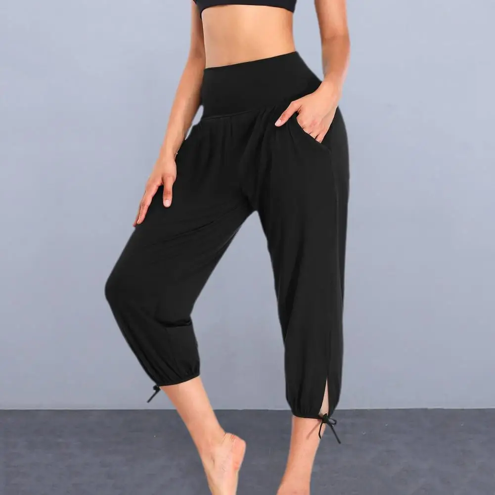 Elastic High Waist Pants Stylish Women's High Waist Yoga Pants with Pockets Solid Color Cropped Sport Pants for Casual Wear