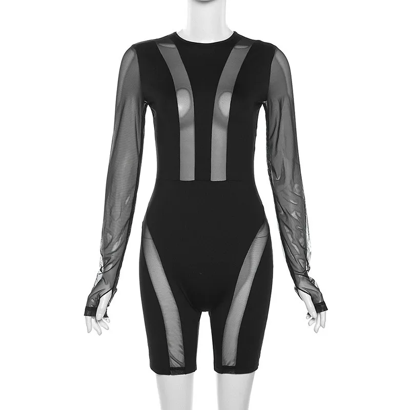 Sexy Mesh Bodycon Jumpsuits Women Black Sheer Hollow Out Long Sleeve One Piece Rompers Slim See Through Patchwork Streetwear