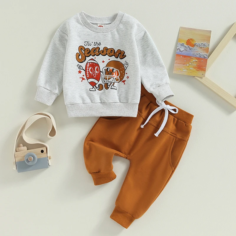 

Toddler Baby Boys Fall 2Pcs Outfits Letter Rugby Print Crew Neck Long Sleeve Sweatshirts and Long Pants Newborn Set