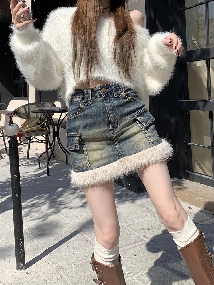 

Slergiri Autumn Winter Plush Patchwork Cargo Denim Skirt Women Fashion Y2k Vintage 2000s High Waist A-Line Mini Jean Skirts New