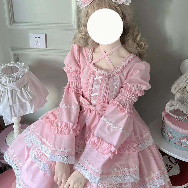 Girl's Lolita Princess Dress Long Sleeve Cake Dress Pink Princess