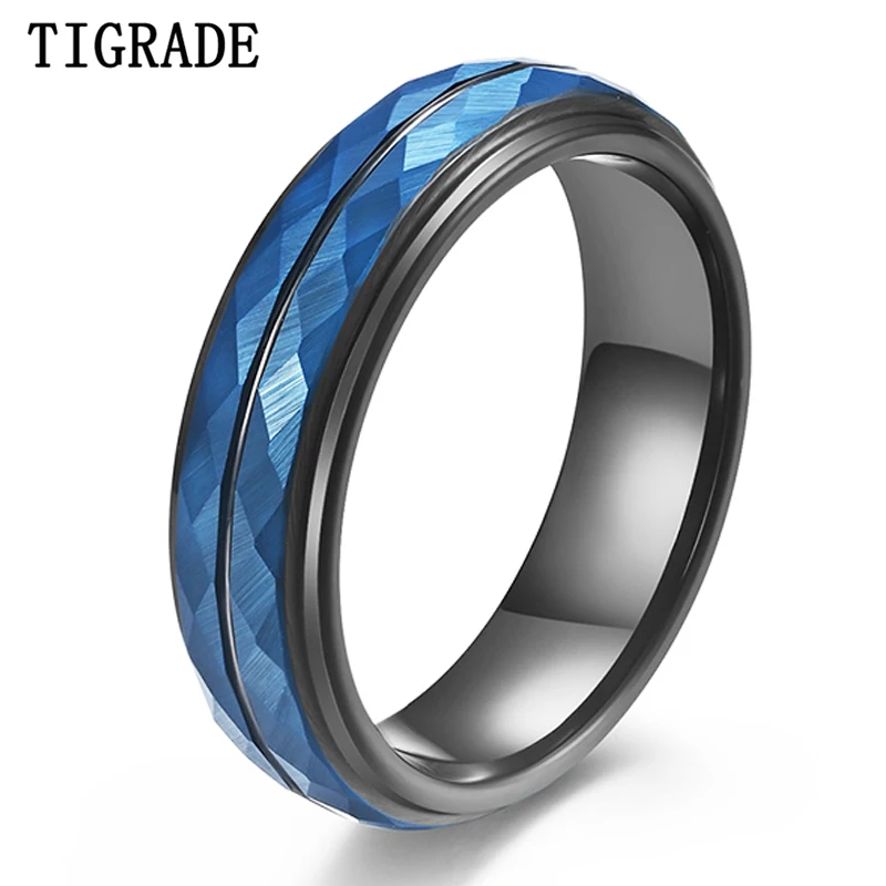 

Tigrade 6mm Tungsten Rings for Men Thin Black Groove Hammered Rhombic Section High Polished Wedding Band Engagement Ring