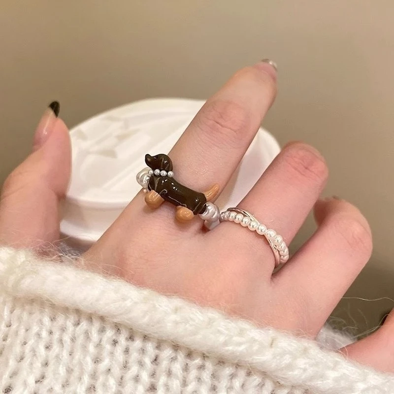 Delicate Puppy Pearl Rings for Women Girls Cute Cartoon Imitation Pearl Bead Ring Set Fashion Jewelry Accessories Student Gifts