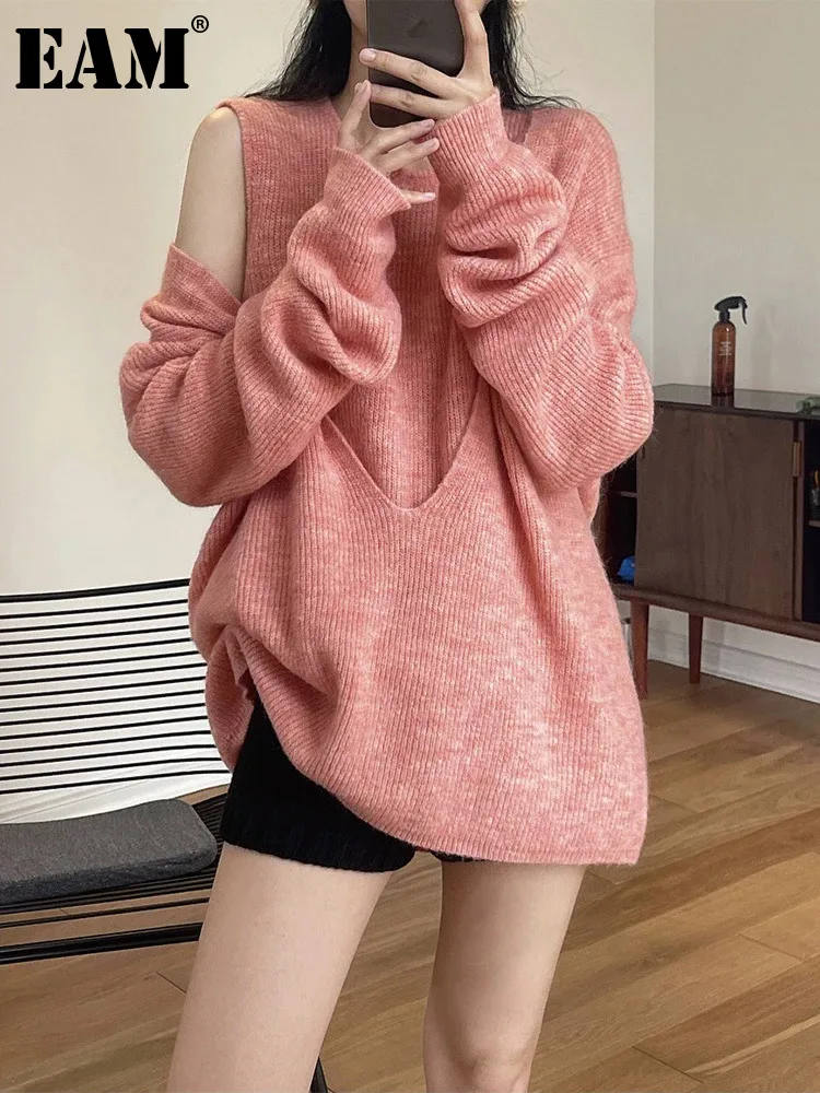 

[EAM] Long Oat Color Knitting Sweater Loose Round Neck Long Sleeve Women Pullovers New Fashion Tide Autumn Winter 2024 1DF2194