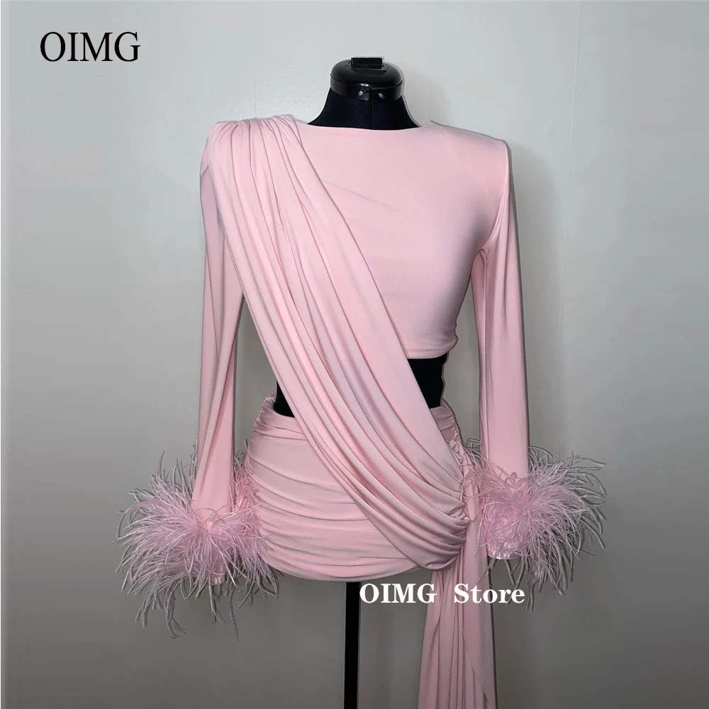 

OIMG Pink Stretch Feathers Short Prom Party Dresses Long Sleeves Sexy O-Neck Mini Girls Women Formal Cocktail Night Club Dress