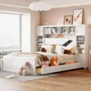 Queen Storage Bed with Bookcase Headboard, with 4 Storage Drawers, Solid Wood Queen Bed Frame with Cabinet and Shelf(White) 4