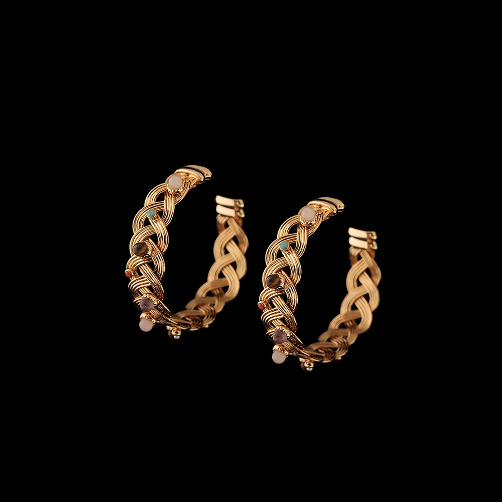 

Noble and Elegant Vintage Gemstone Wavy Braided Winding Brass Natural Stone Earrings