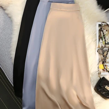 Syiwidii Silk Satin Long Black Skirts for Women Elegant Ladies A Line Zipper Back Elastic Band Korean Fashion Luxury Midi Skirt
