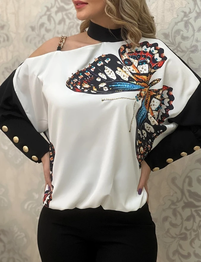 

Fashion Woman Blouse 2024 Spring Colorblock Butterfly Print Buttoned Casual Asymmetrical Neck Long Sleeve Daily Top Y2K Clothes