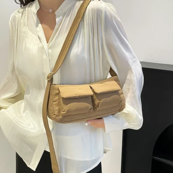 Borsa a tracolla casual da donna, tinta unita, semplice, stile messenger, grande capacità, in nylon, con chiusura a cerniera, per feste e vacanze