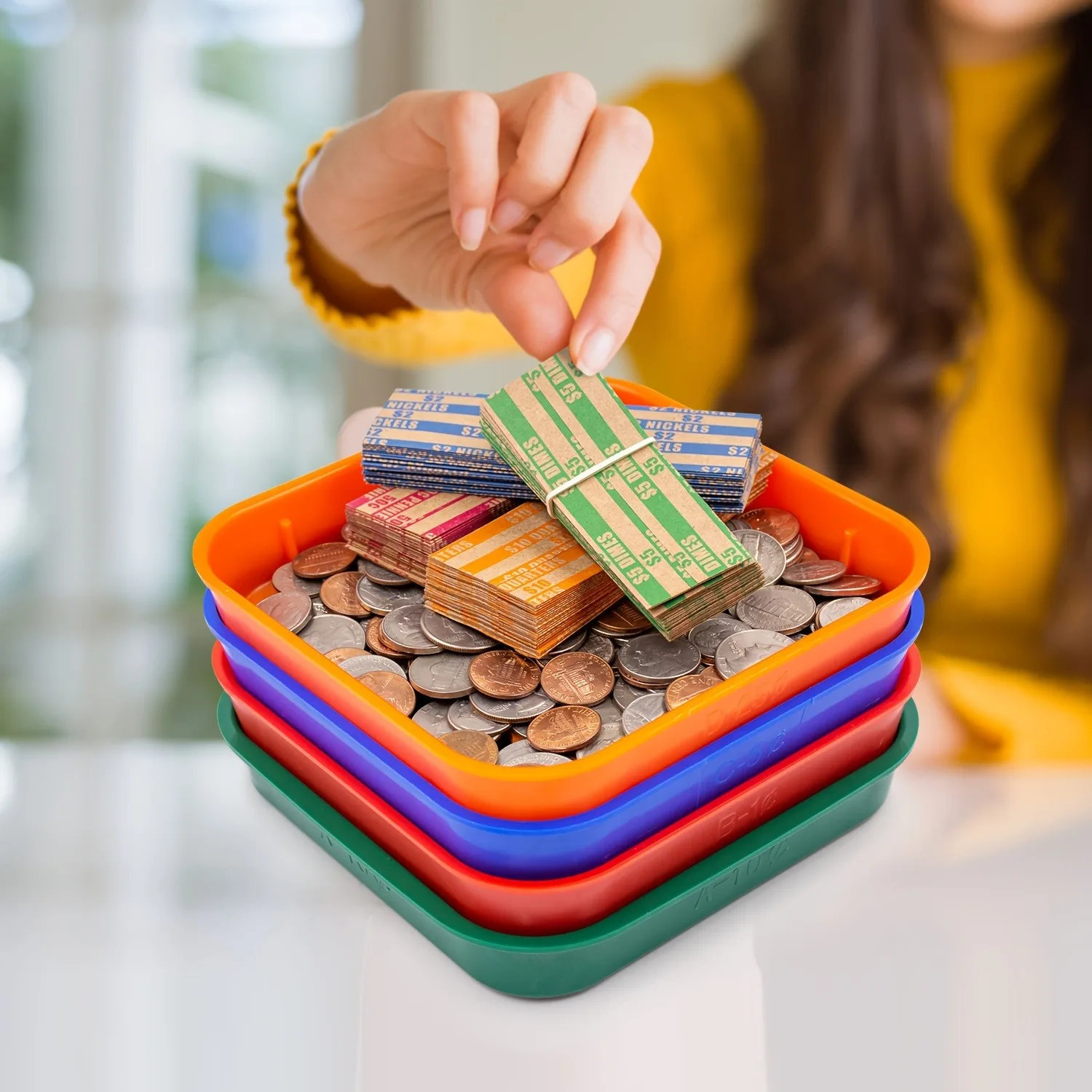 컬러 코인 분류 트레이, 컬러 코인 분류 트레이, 코인 카운터, 100 플랫 코인 롤 래퍼 포함, 4 가지 컬러  코드-Freehip.co.kr