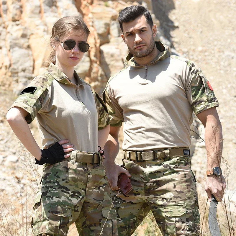 Men's Short Sleeve Softair Tactical Shirt Combat Shirt Zipper Cotton Hiking CP Camoufalge Airsoft T Shirts Climbing Tee sport t shirt