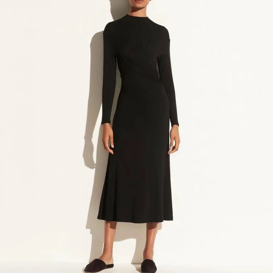 

2023 Fall New Sexy Elegant Cross Waist Round Neck Long Womens Dresses Simple Casual Slim Slim Long Sleeve Knit Brown Dress