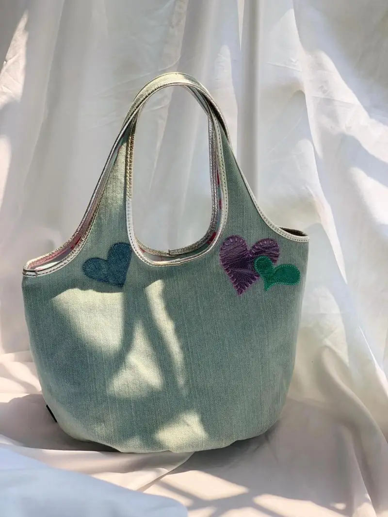 JIAERDI Heart Beading Y2k Bucket Bag Purse Women Fairy Core Casual Denim Bag Female Harajuku Sweet Handle Underarm Bag Aesthetic