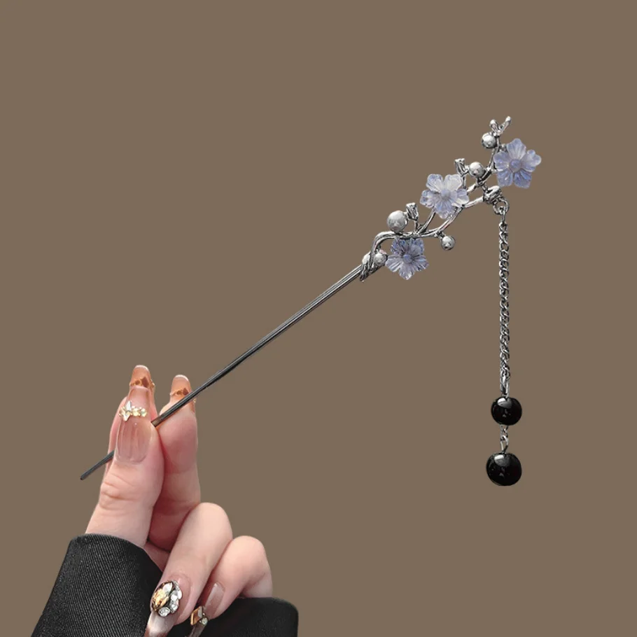 Klassischer Haarstab mit Blumen- und Metallfransen-Haarspange für Damen, Perlen-Haarschmuck mit schwarzen Perlen für Cheongsam-Haarknoten – Detail 5