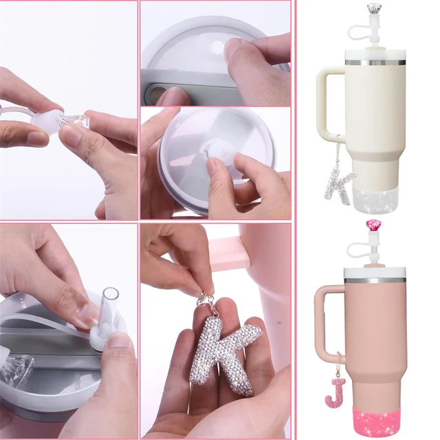 3Pcs Set Specially Designed for Stanley Cup Accessories, 1 Piece Initial Silicone Straw Lid, 1 Piece Name ID Letter Handle Charm 5