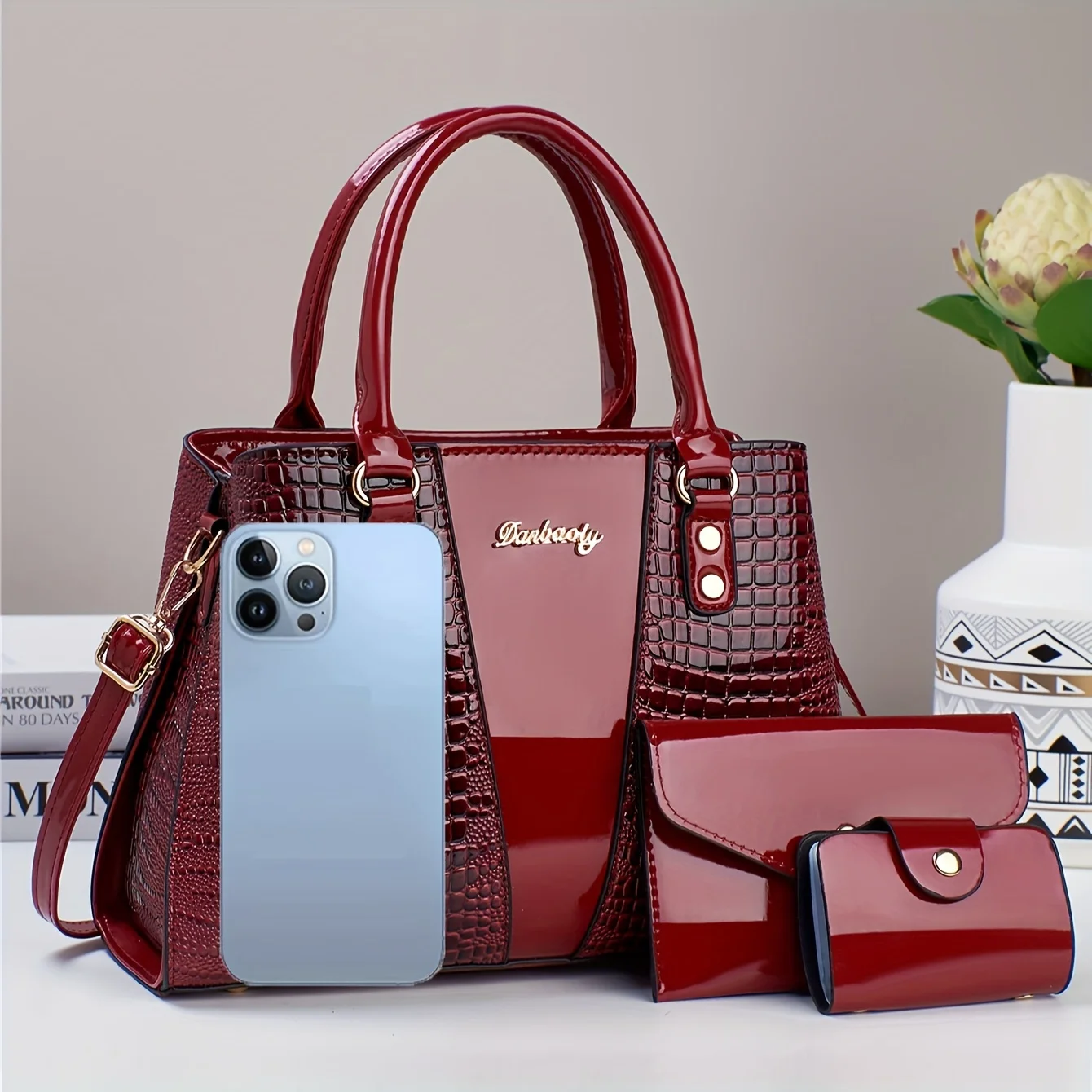 Luxury 3pcs Handbag Set Crocodile Pattern Large Capacity Crossbody Bag Glossy Patent Leather Tote Bag with Wallet and Card Bag