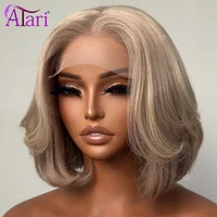 Perruque Bob courte Blonde cendrée avec racines brunes, cheveux naturels lisses, Transparent, 13x4, pre-plucked, pour femmes 4