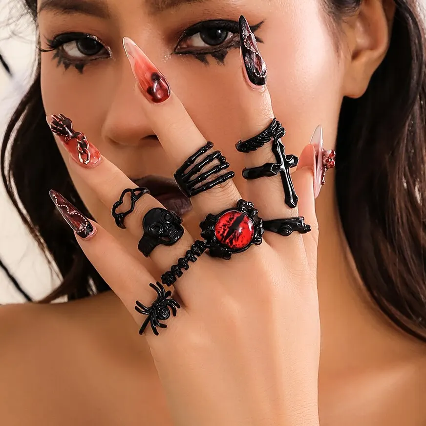 9Pcs/Set Goth Black Devil Eye Skull Spider Palm Rings for Women