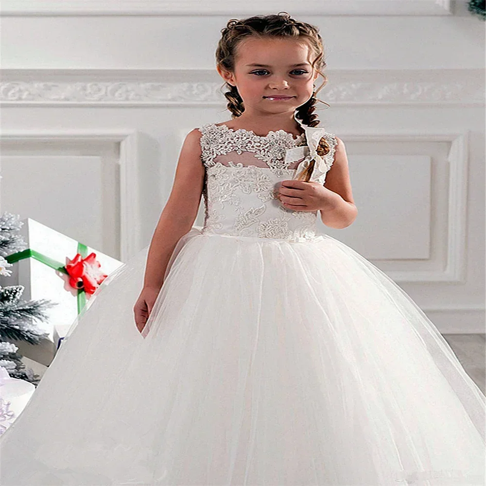 

Flower Girl Dress White Lace Sleeveless Floor-Length A-LINE Children Girl Wedding Birthday Party First Communion Holiday Gown