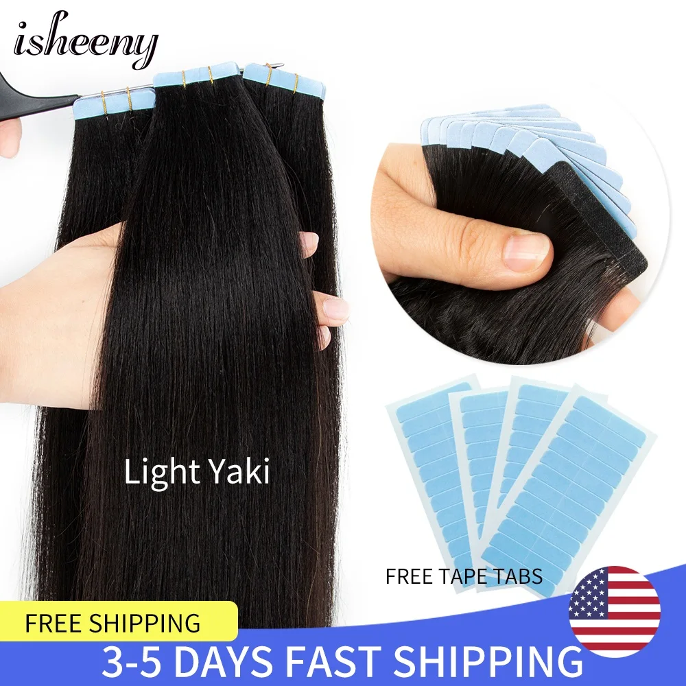 Isheeny Light Yaki Straight Tape In Human Hair Extensions 10"24