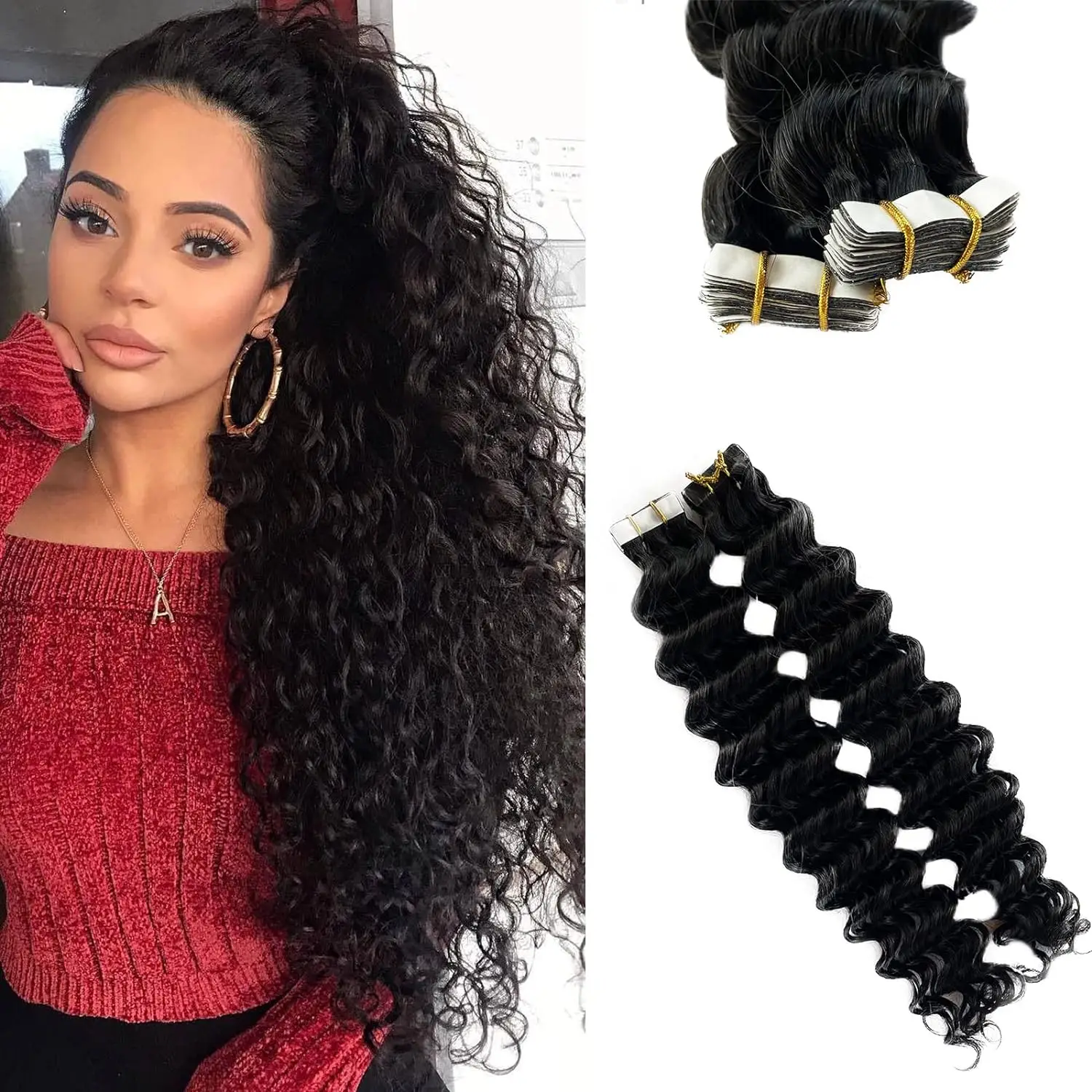 

Deep wave Tape In Hair Extensions 50g Human Hair 100% Remy Seamless Skin Weft Invisible Double Sided Tape Ins Hair For Women