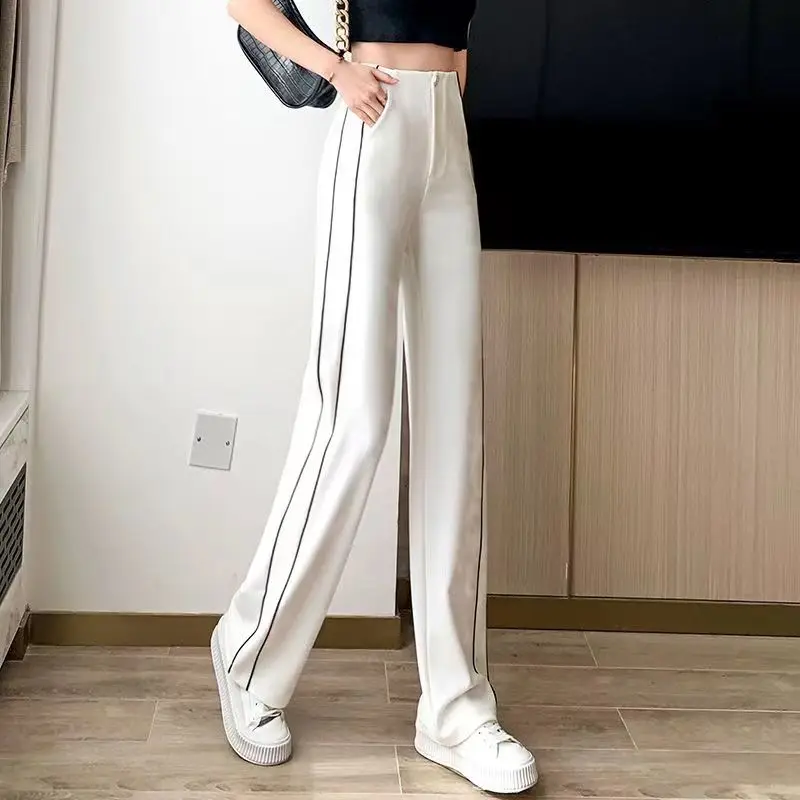 Spring and Autumn Women's Splicing Striped Loose Wide Leg Pants High Waist Button Fashion Casual Commuter All-match Trousers